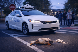 Ilustrasi mobil otonom Avride menabrak seekor bebek (Foto: AI)